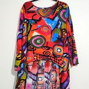 ZANZEA HIGH LOW COLORFUL ABSTRACT ASYMETRICAL FLOWY WEARABLE ART WOMENS BLOUSE